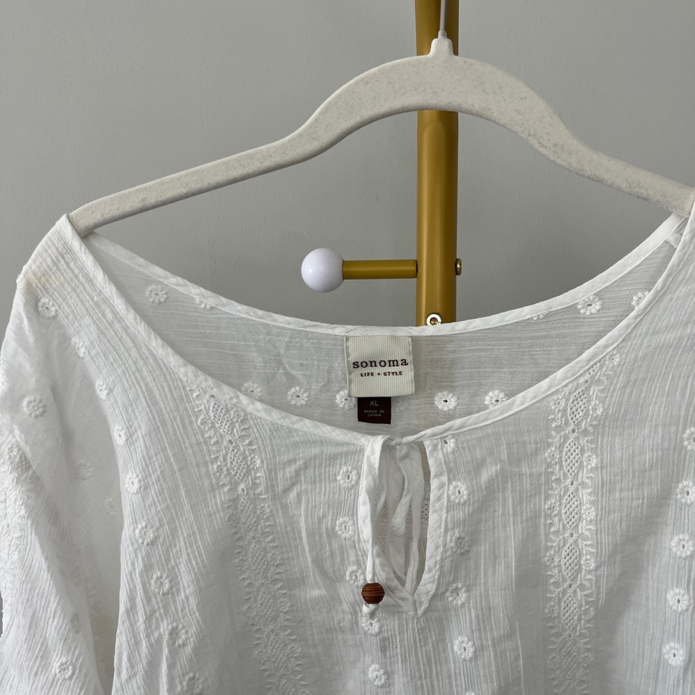 Sonoma White Embroidered Floral Cotton Flutter Short Sleeve Tunic Blouse XL - Picture 4 of 4